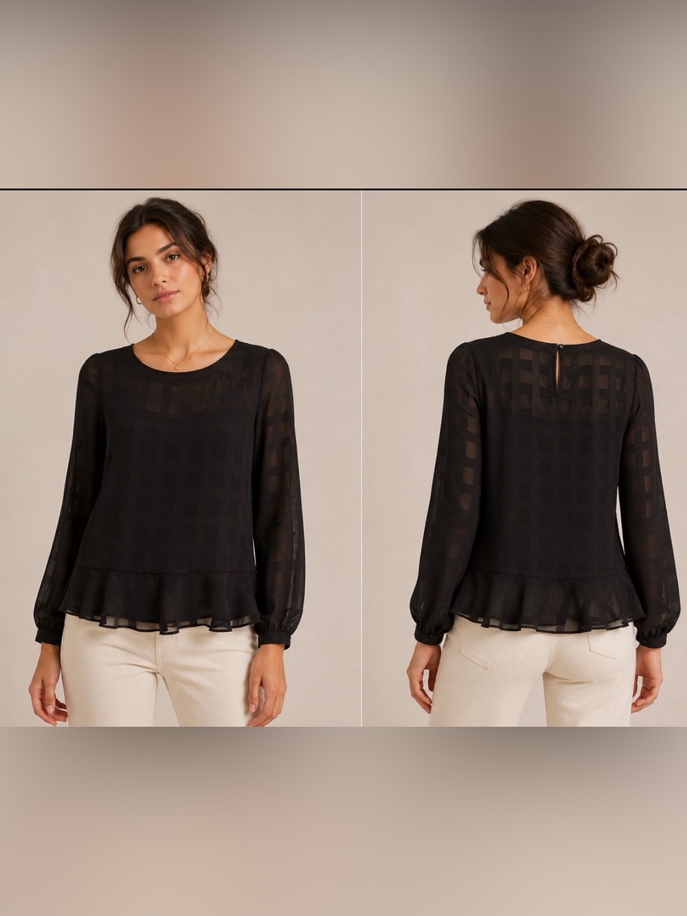 LOFT Black Sheer Long-Sleeve Ruffle-Hem Blouse